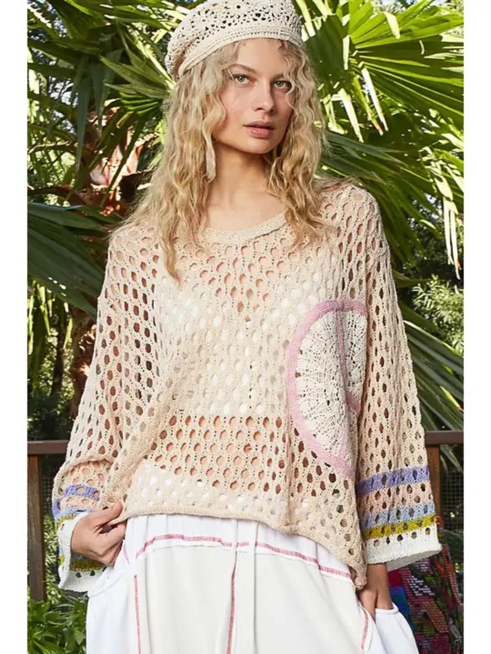 POL Beige Open-Knit Women’s Sweater with Peace Sign Accent